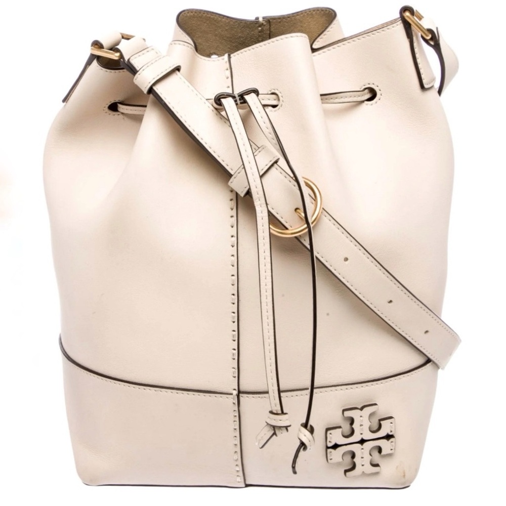 Tory Burch McGraw Smooth Drawstring Beige Leather Bucket Bag